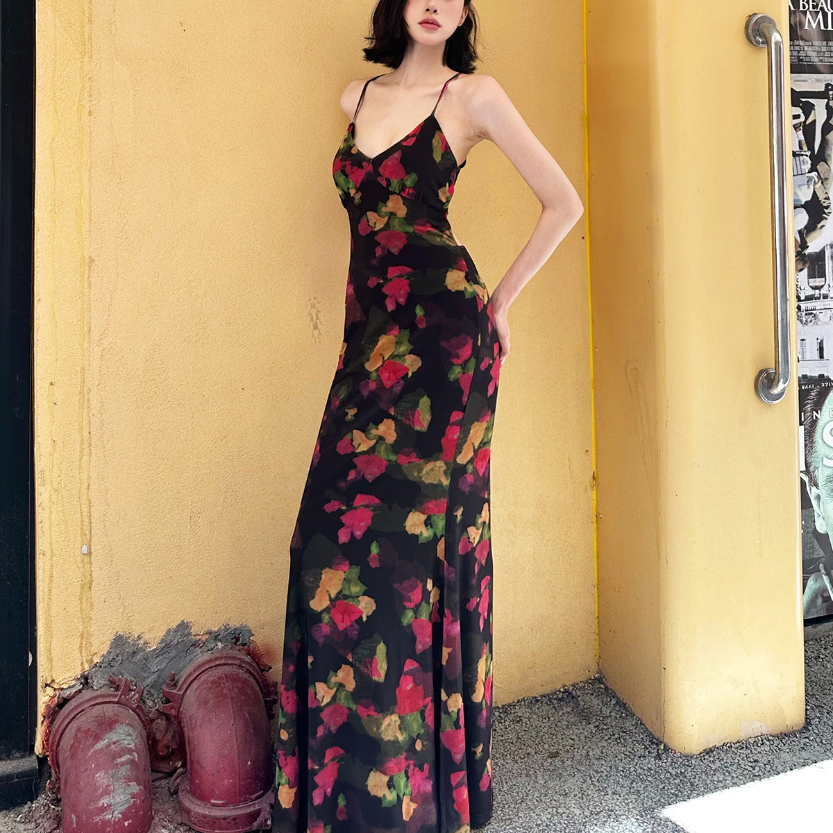 Colorful floral pattern fitted fishtail maxi dress