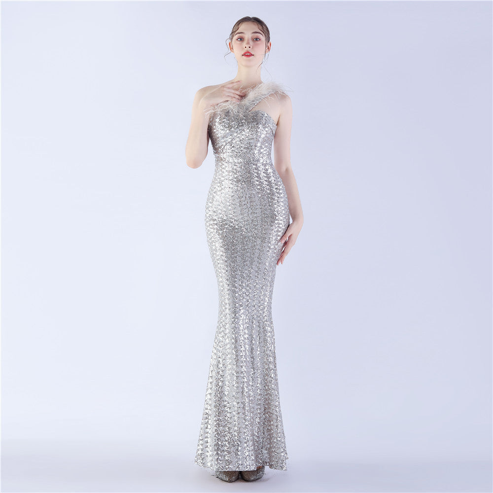 Craft Order Ostrich Feather Single Shoulder Diagonal Collar High Density Sequin High End Evening Dress