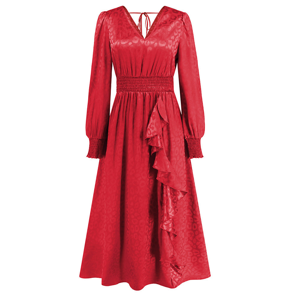 V Neck Long Sleeve Leopard Print Dress Popular