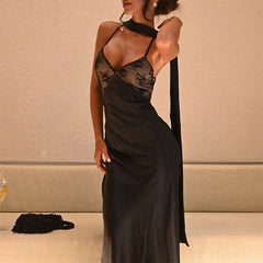 Lace Stitching Seductive V neck Backless Dinner Sling Dress Dress with Scarf