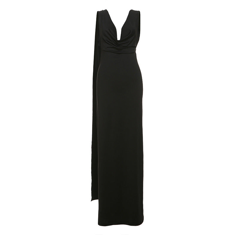 Elegant Backless Evening Dress Pile Collar Solid Color