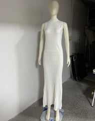 Half Turtleneck Sleeveless Knitted Maxi Skirt Solid Color Pleated Skirt Tight Maxi Dress