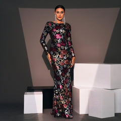 Vestido de noche de manga larga, cuello redondo, ajustado, largo, con lentejuelas, para cóctel y dama de honor.