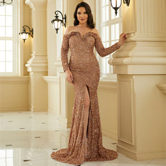 Long Sleeved Elegant Long Sequined off Neck Backless Cocktail Evening Dress Bridesmaid Dress