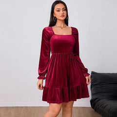 French Velvet Wine Red Dress  Midi Dress