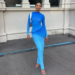 Long Sleeve Twisted Pleated Gradient Slim High Waist Length Dress