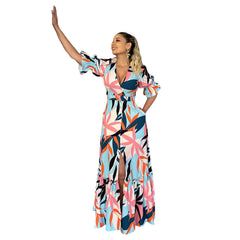 V neck Lightly Mature Split Ruffled Long Dress
