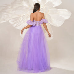 Vestido de noche de cóctel largo de malla con cuello halter y vuelo grande para dama de honor de alta gama