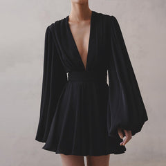 French Puff Sleeve High Waist Dress V Neck Abdomen Control Black Short Dress