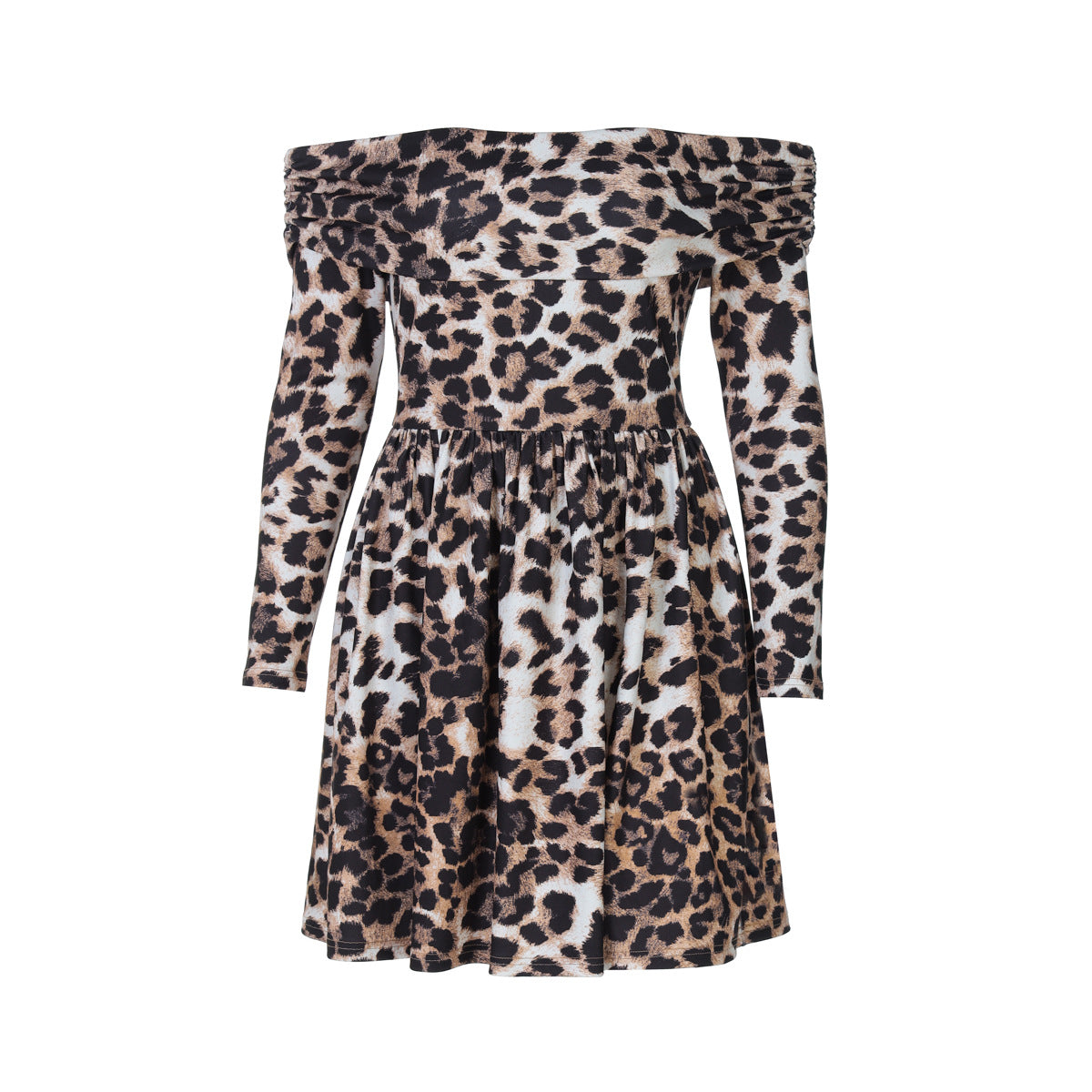 Vestido plisado corto elegante con cuello alto y hombros descubiertos y manga larga