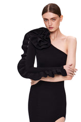 Vestido de fiesta de baile con volantes y mangas largas de un solo lado, de punto, floral