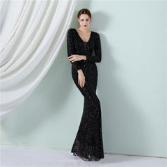 Positioning Floral Sequin Evening Banquet Elegant Long Sleeve Sequined Queen Fishtail Dress