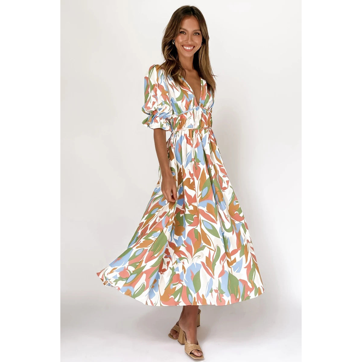 Digital Floral Print Fresh Sweet Mid-Length Dress