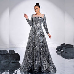 Vestido de noche de alta calidad con mangas largas, cuello redondo, cóctel, vuelo amplio, lentejuelas y dama de honor.