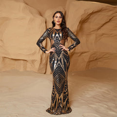 Long Sleeve Crew Neck Slim Long Sequined Cocktail Evening Dress Bridesmaid