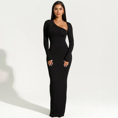 Slim Fit Slimming Long Sleeves Diagonal Collar Back Slit Dress