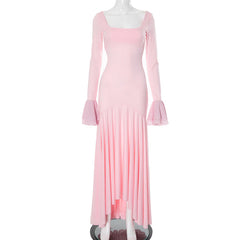 Solid Color Square Collar Lace Long Sleeved Pleated Wide Swing Elegant Dress