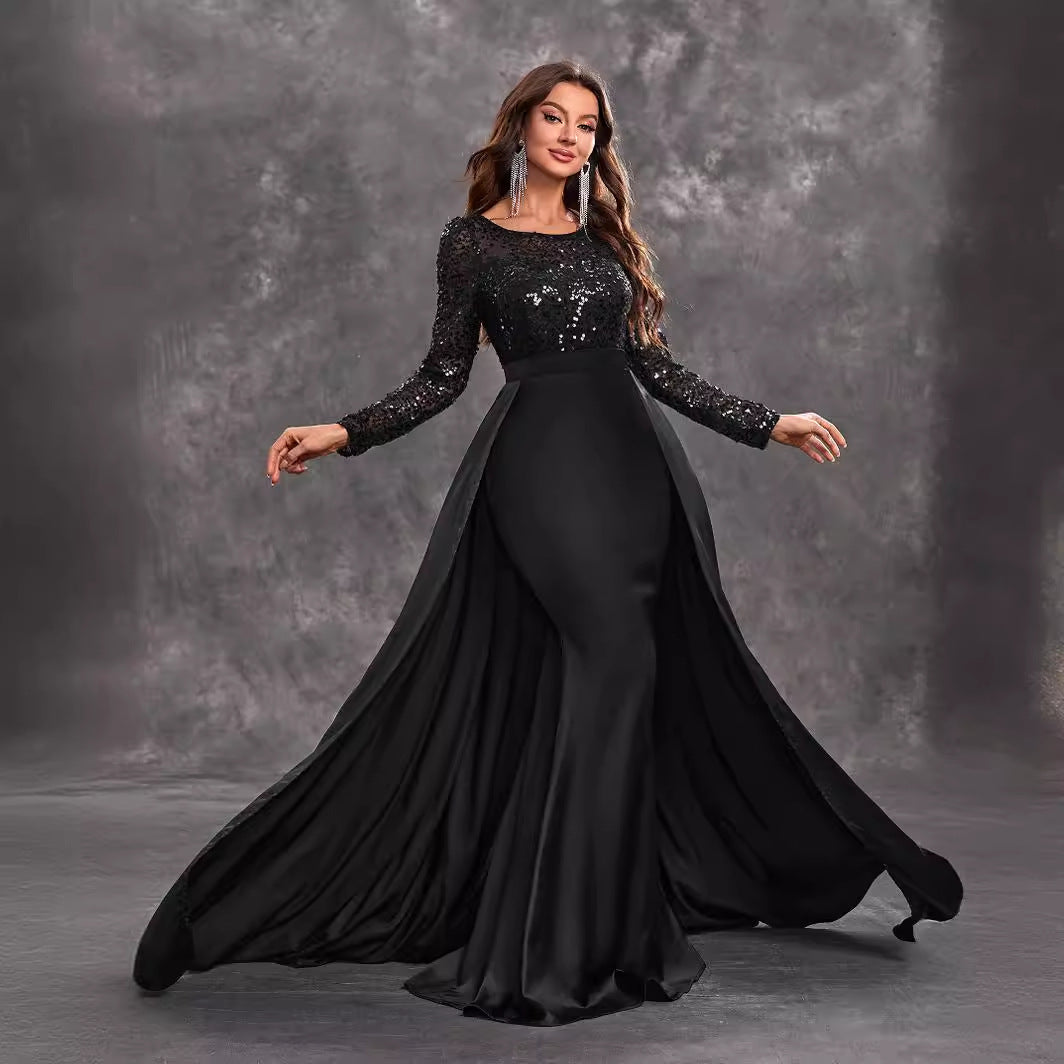 Prom Party Dress Sequined Long Sleeve Round Neck Elegant Black Formal Dress