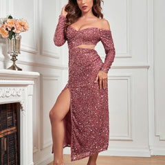 Popular Square Collar Off Shoulder Dress Slim Sequined Evening