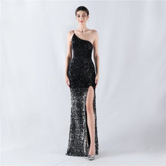 Dress Velvet Bottom Gradient Sequin High Fork Oblique Shoulder Evening Dress