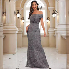 Sequined Off Neck Dress High Waist Backless Dress