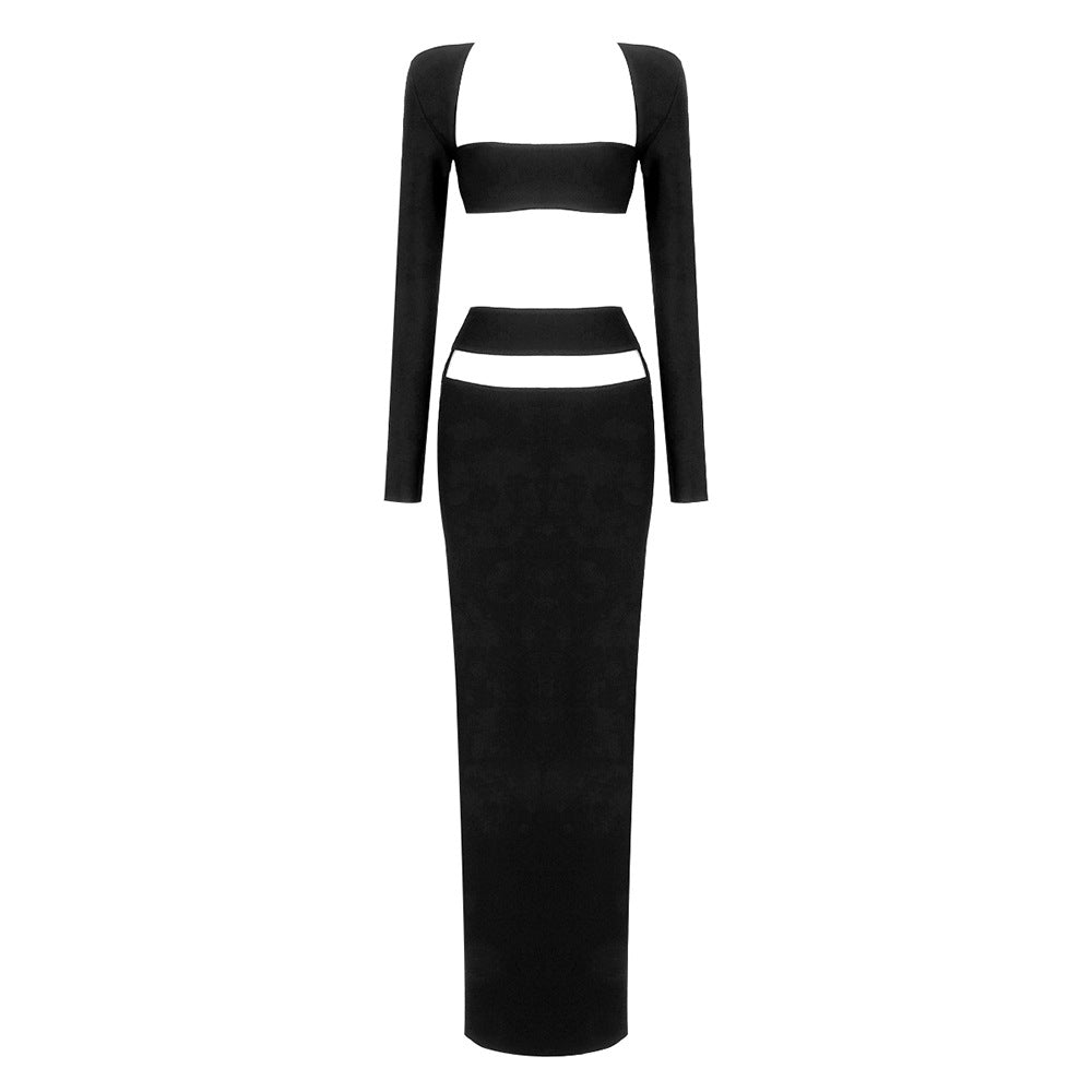 Traje informal de alta gama, conjunto de dos piezas, traje corto, vestido elástico de manga larga, vestido de vendaje