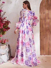 Printed Dress Chiffon V Neck Printed Puff Sleeve Long Sleeve Dress