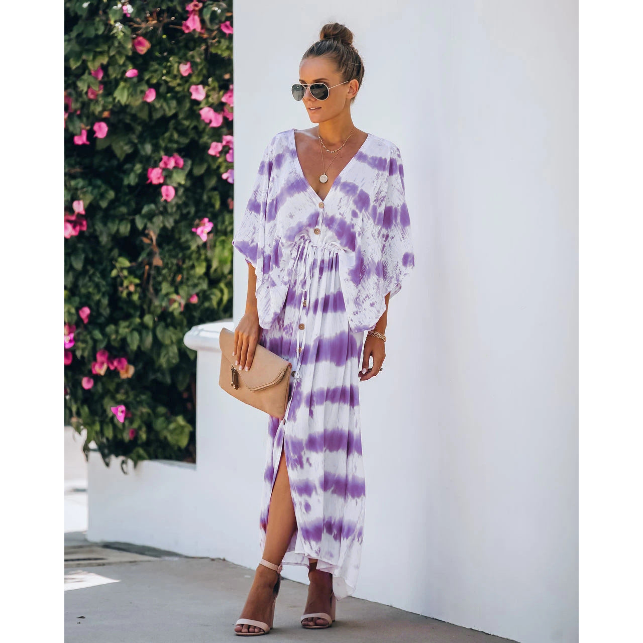 Vestido holgado de encaje con efecto tie-dye para uso diario.