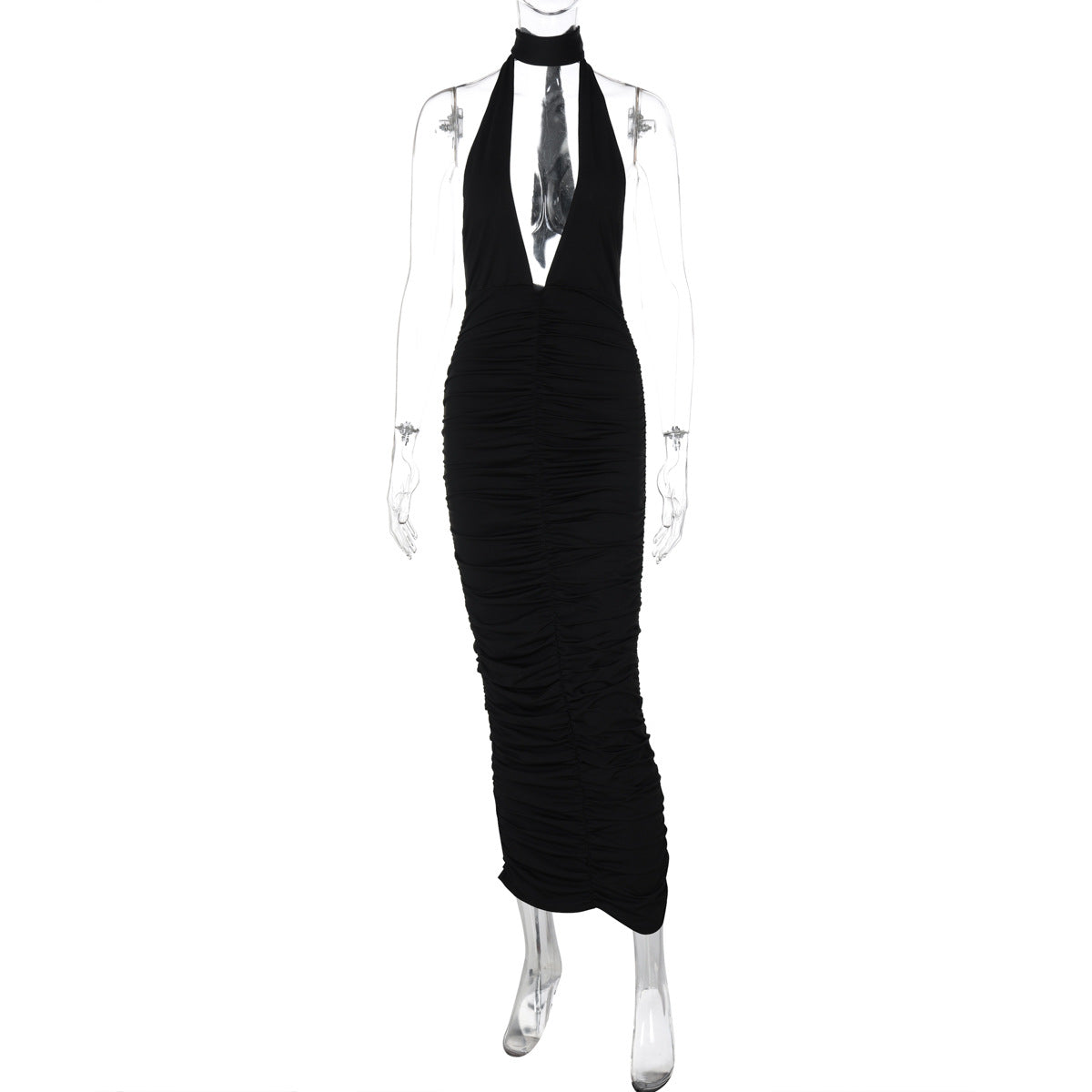 Vestido ajustado con escote en V profundo y espalda descubierta, color liso