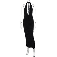Vestido ajustado con escote en V profundo y espalda descubierta, color liso