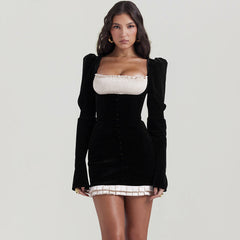 Dress Long Sleeve Square Neck Pleuche Dress Short Dress  Slim Fit Backless Hip Dress