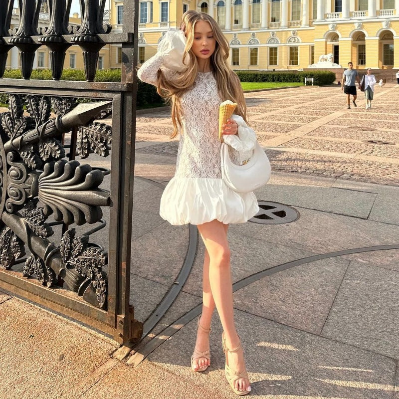 Stylish Long Sleeves See through Lace Tiered
