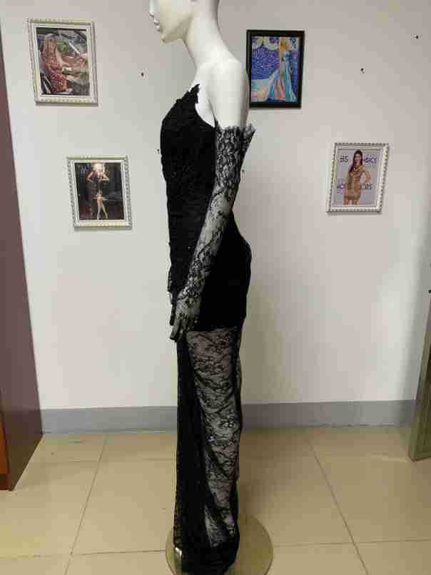 Internet Celebrity Wear Tube Top Lace Off The Shoulder High Slit Black Maxi Dress Birthday Catwalk Party Evening Dress