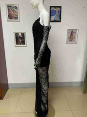 Internet Celebrity Wear Tube Top Lace Off The Shoulder High Slit Black Maxi Dress Birthday Catwalk Party Evening Dress