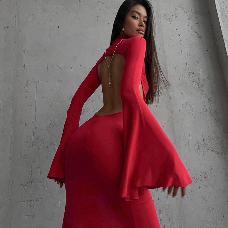 Bell Sleeve Backless Slit Maxi Dress Slim Fit Dress
