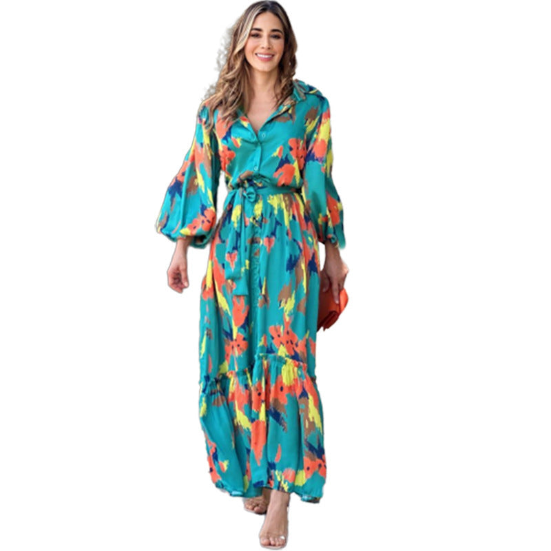 Dress Elegant Office Lace up Long Sleeve Printed Dress for