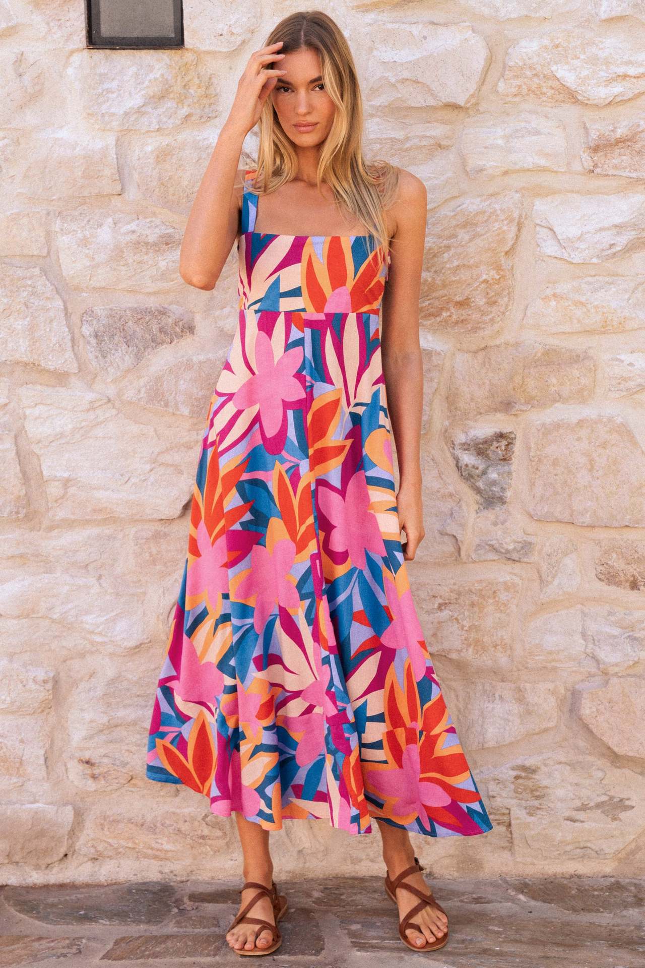 Printed Suspender Waist Slimming Maxi Dress Backless Slimming Dress