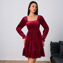 French Velvet Wine Red Dress  Midi Dress