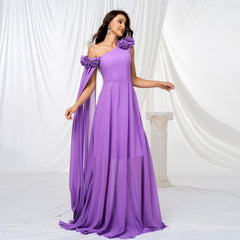 Vestido de cóctel largo de noche con cuello diagonal y un hombro descubierto, vestido de dama de honor con cintura ajustada y dobladillo grande.