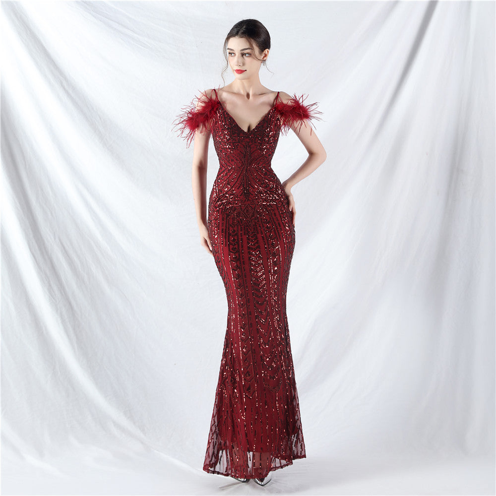 Posicionamiento Floral Lentejuela Artesanía Orden Cabello de Avestruz Vestido de Noche de Alta Gama