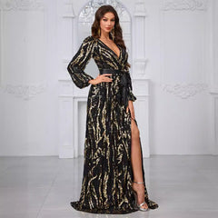 Prom Evening Dress Sequined Lace up Random Printed V neck Long Sleeve Light Luxury Party Evening Dress