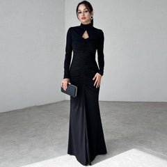 High Collar Hollow Out Cutout Slim Pleated Solid Color Long Sleeve