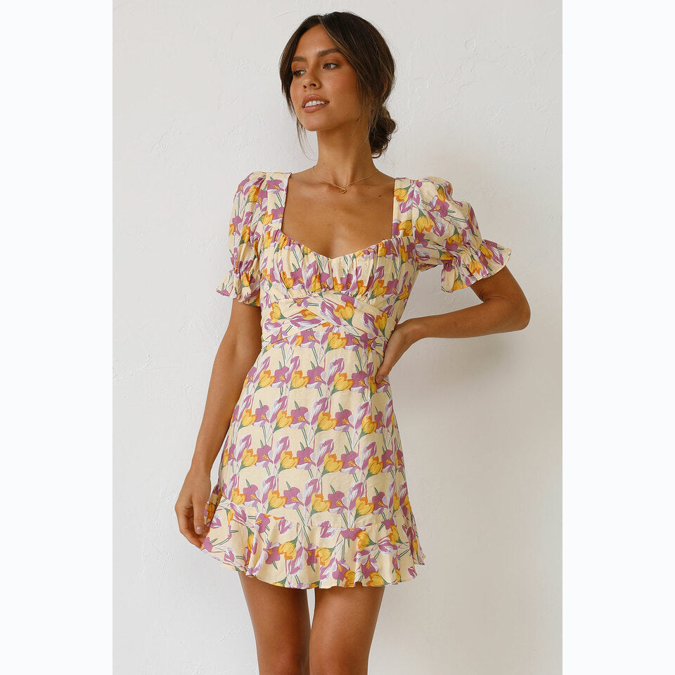 Digital Floral Print Fresh Sweet A- line Short Dress