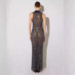 Vestido maxi transparente con aberturas, malla y diamantes de imitación, sin mangas