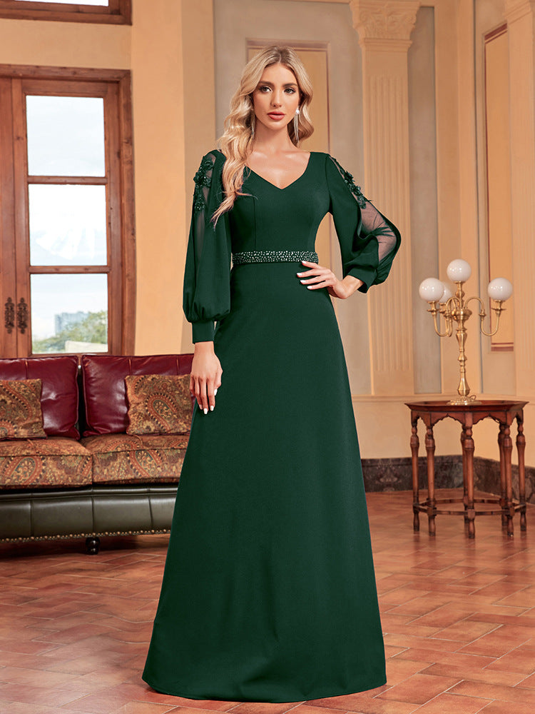 Vestido de manga larga con escote en V y cuentas, vestido maxi ajustado de cola de pez para dama de honor, cóctel de noche