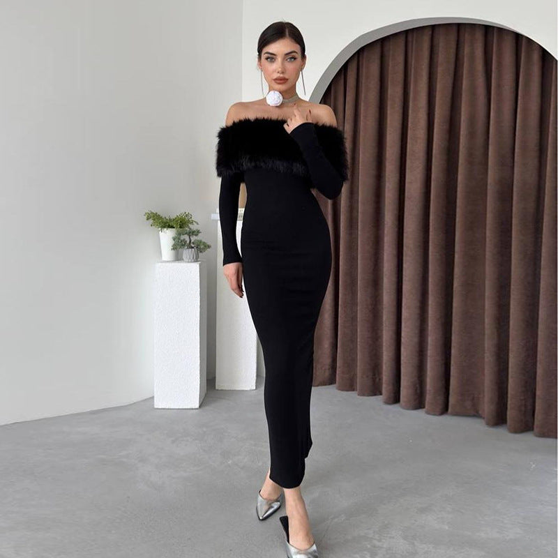 Maxi Dress Elegant off Shoulder Fur Collar Slim Fit
