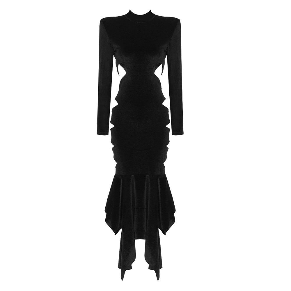 Black Velvet Hollow Out Cutout Round Neck Wear Hip Dress