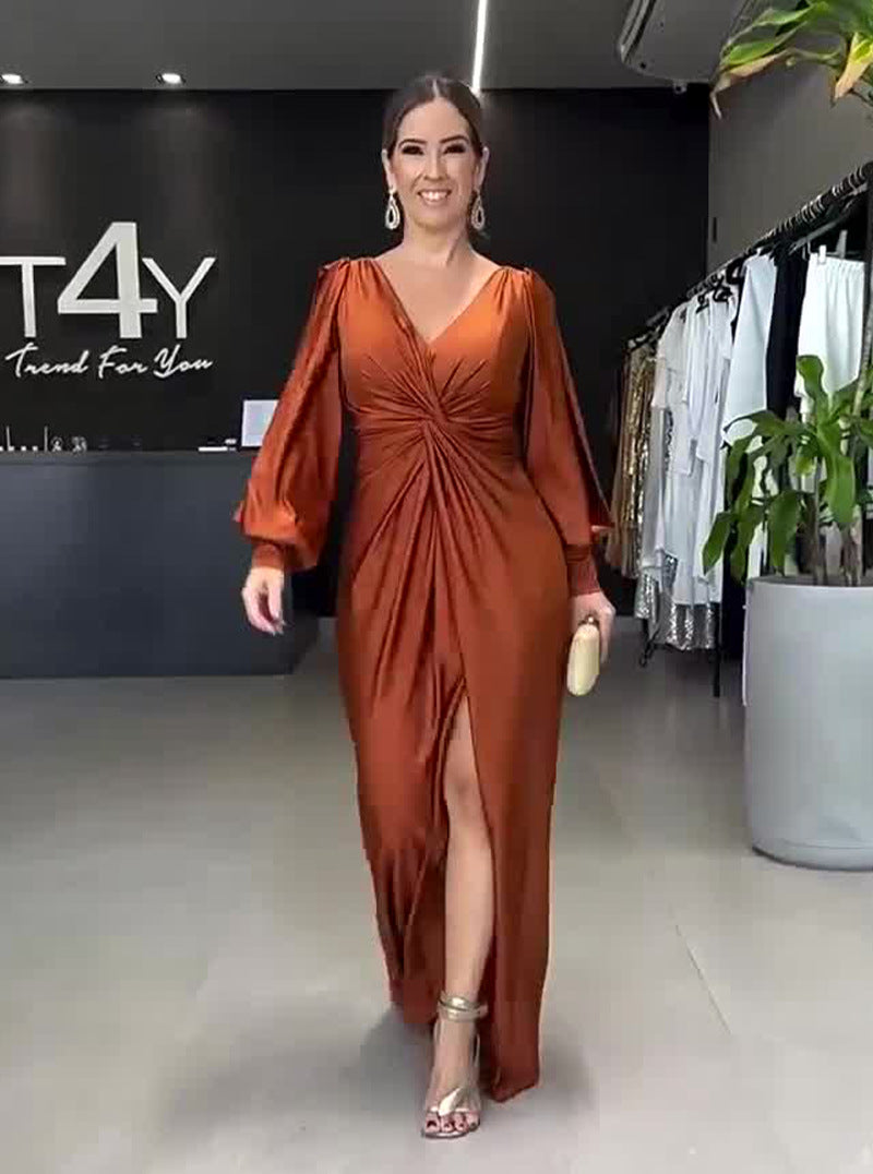 Collar Solid Color Long Sleeve Slim Fit Slit Noble Dress