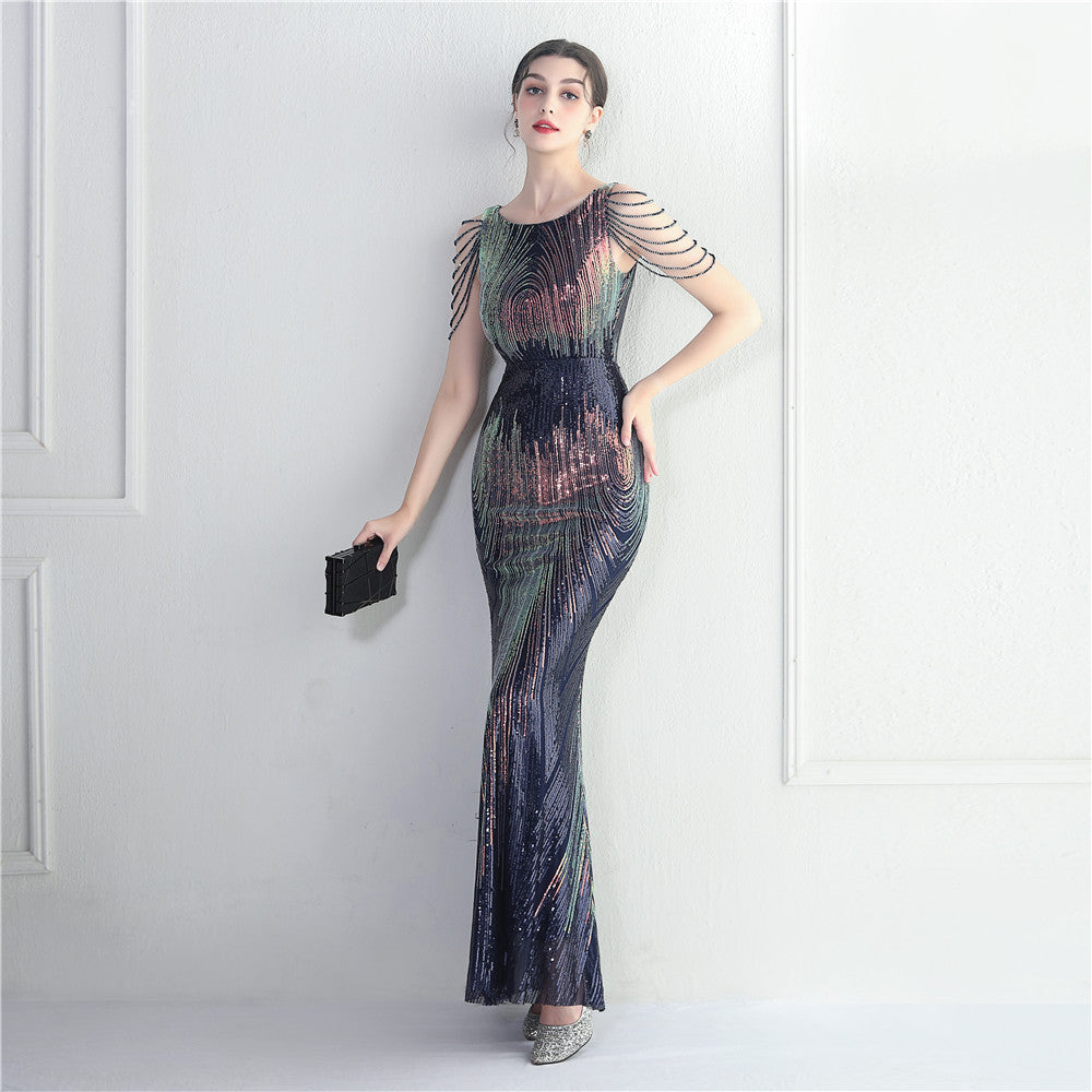 Positioning Floral Sequin Craft Beaded Party Dinner Ceremony Concert Maxi Dress Evening Dress