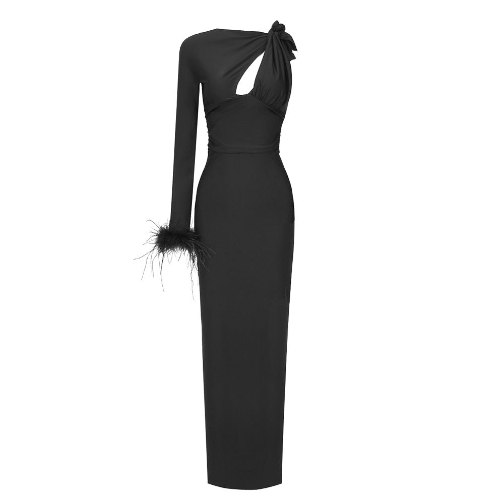 Black Long Sleeved Hollow Out Cutout out One Shoulder Feather Dress Dress